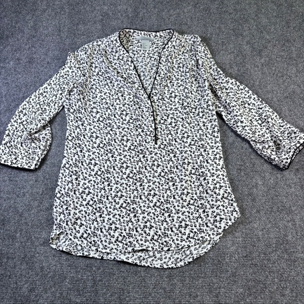 H&M Conscious Top Women's 8 Black White Animal Print Split Neck 3/4 Sleeve Tunic
